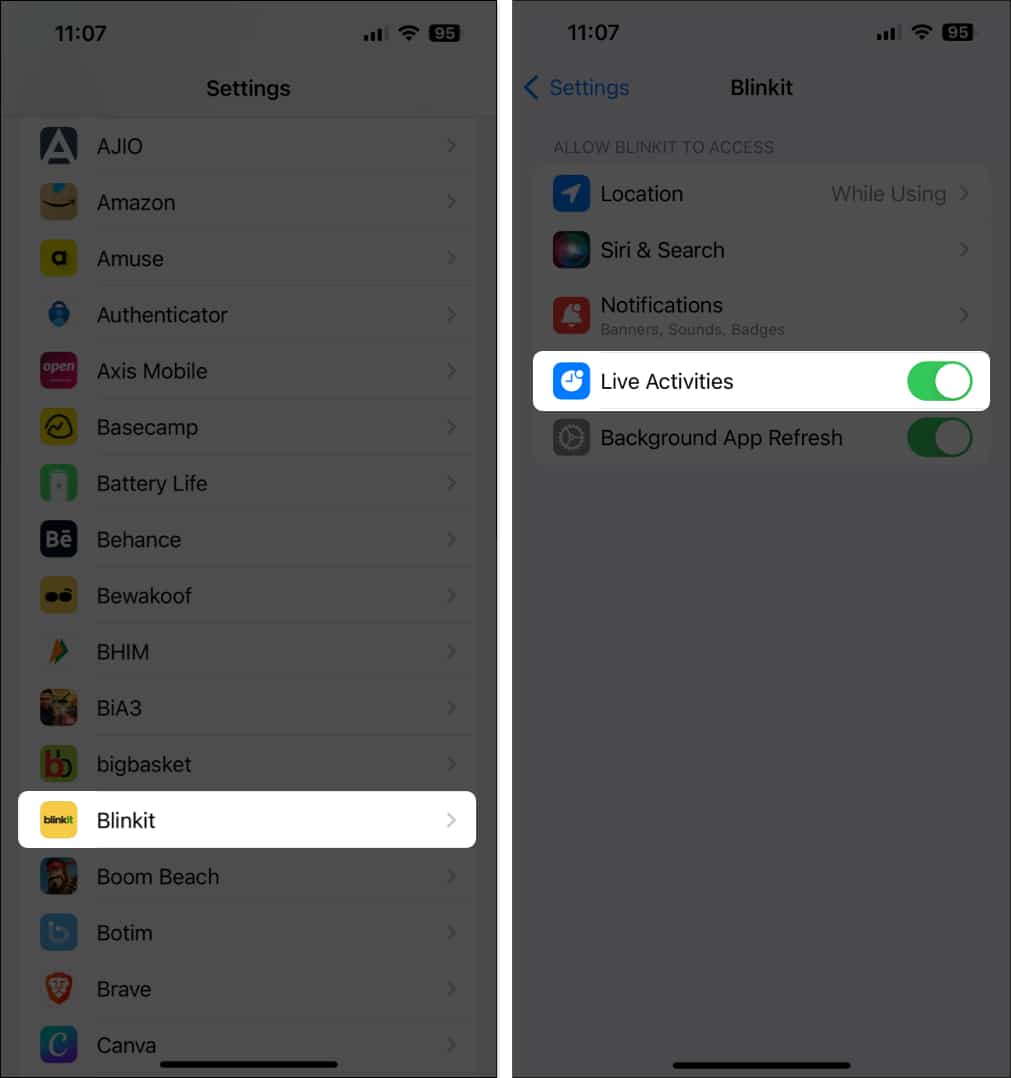 Select app toggle on Live Activities
