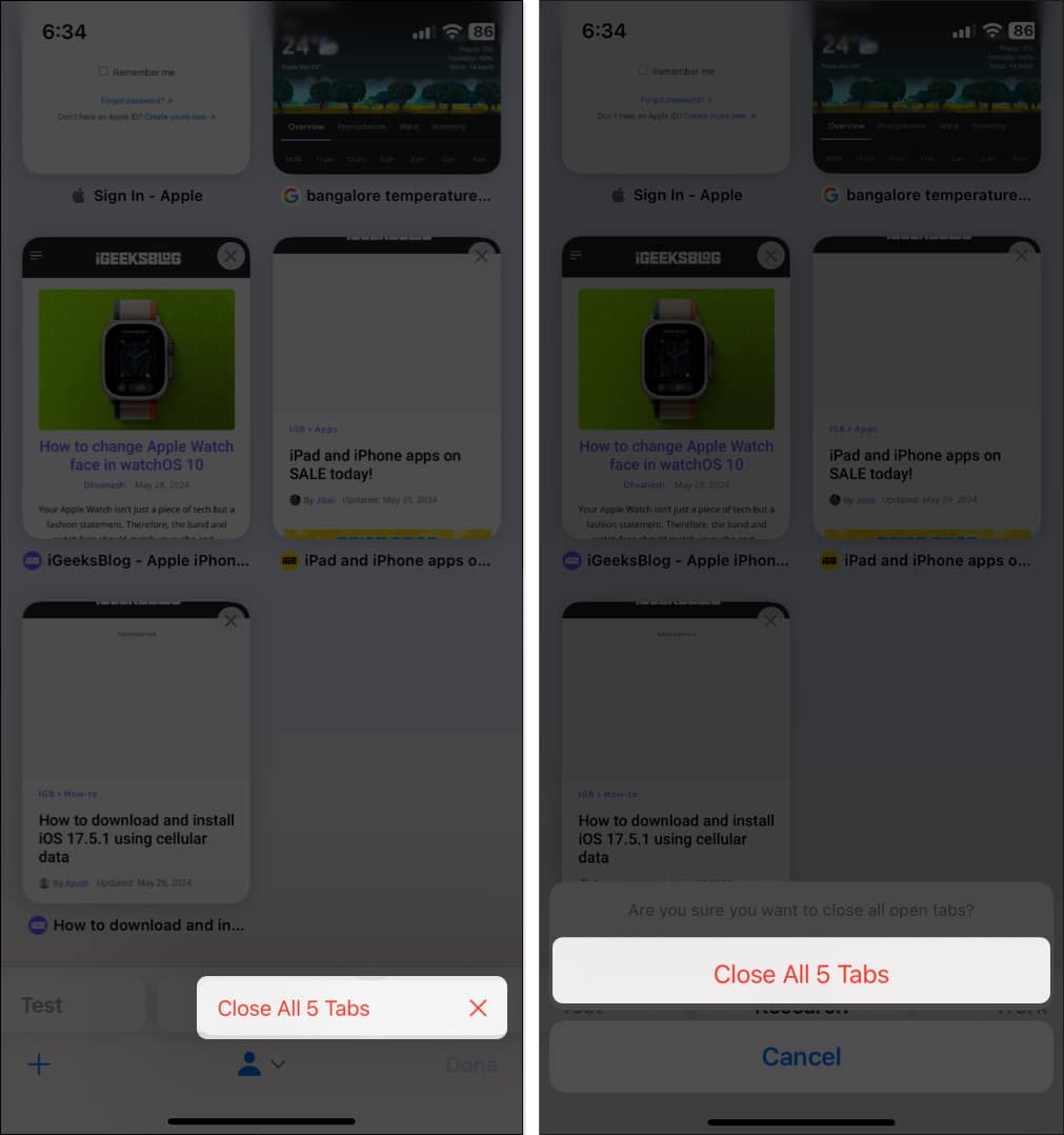 Select close all tabs tap close all tabs