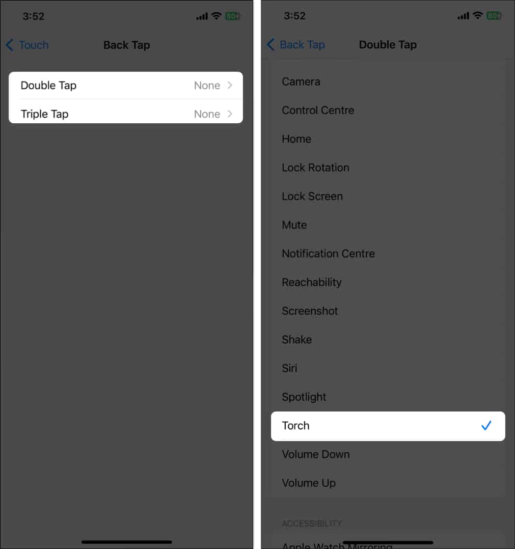 Select from Double Tap or Triple Tap select Torch