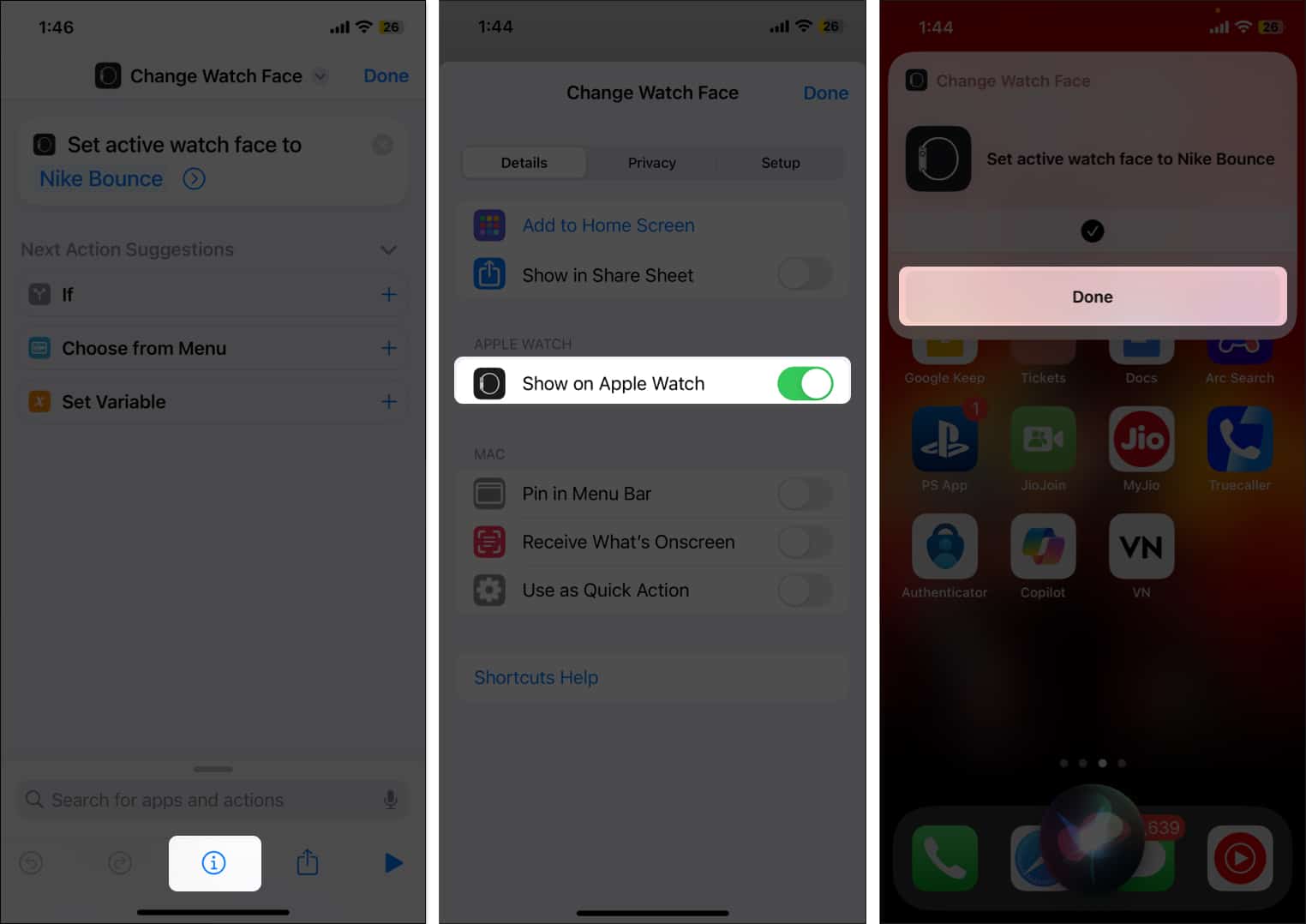 Select info icon toggle on Show on Apple Watch tap Done