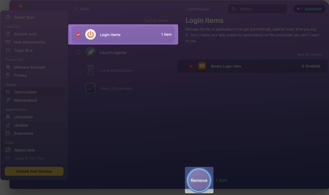Select login item to Remove