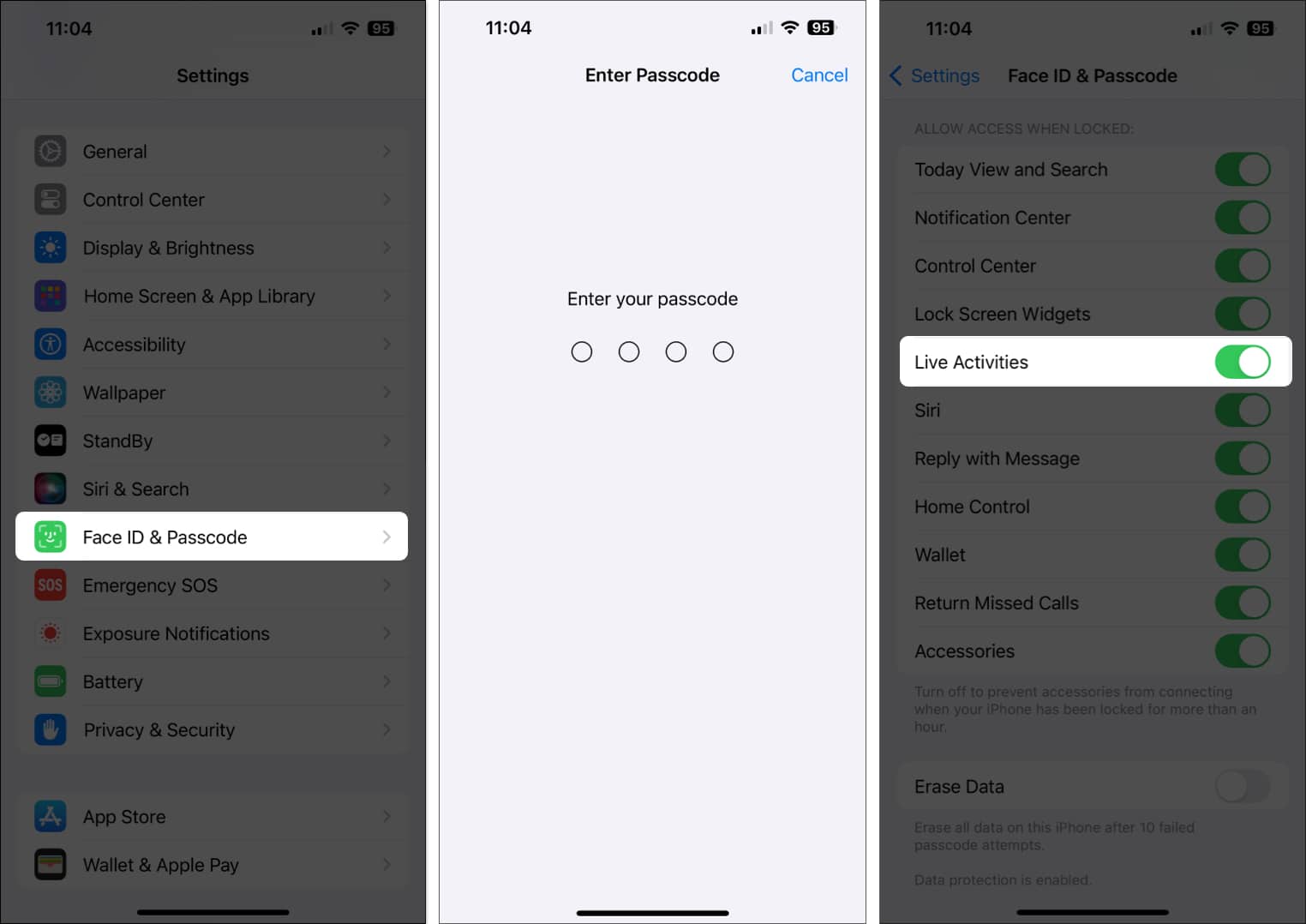 Tap Face ID and Passcode enter passcode toggle on Live Activities