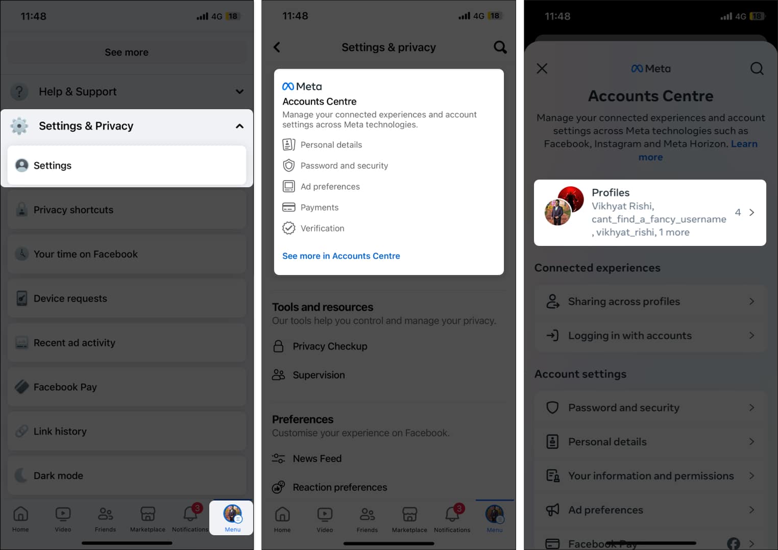 Tap Menu select Settings tap Account Center choose Profiles