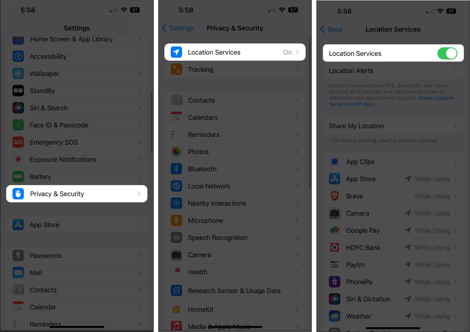 Enabling Location Services on an iPhone