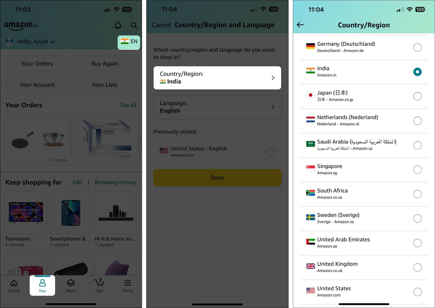 Tap You tab select Flag icon tap Country Region to change country in Amazon app on iPhone