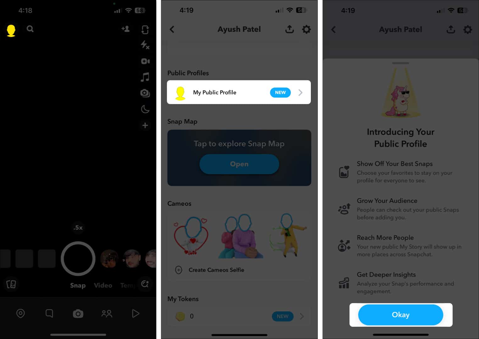Tap on profile icon select my public profile tap okay