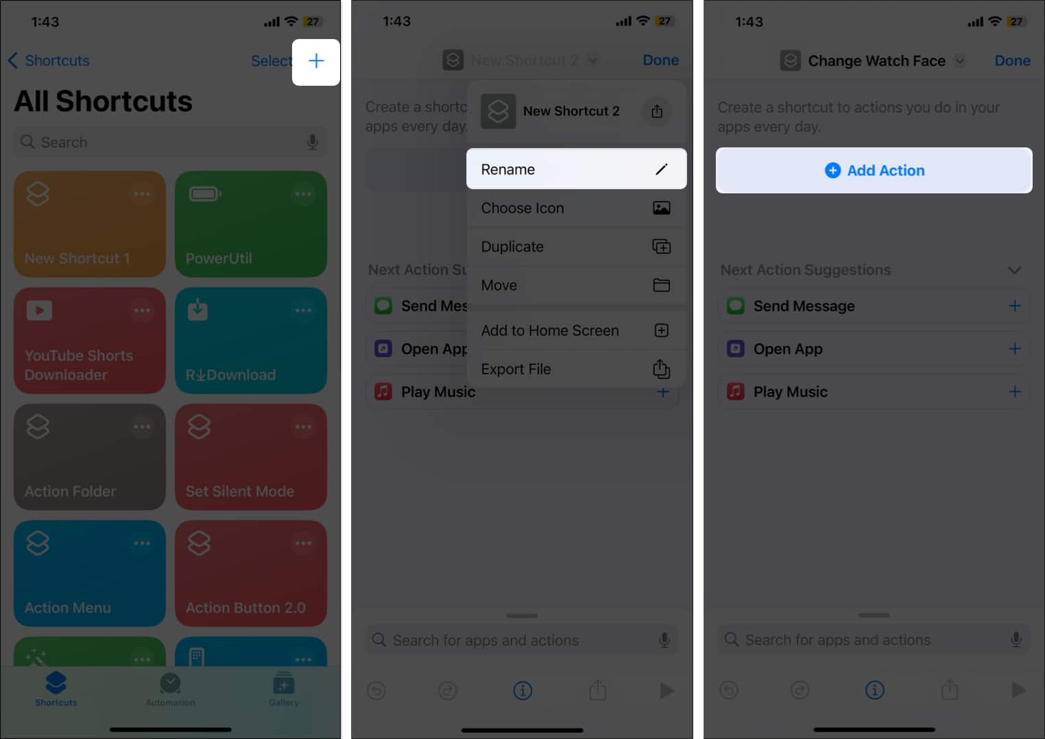Tap plus icon rename shortcuts tap Add Action