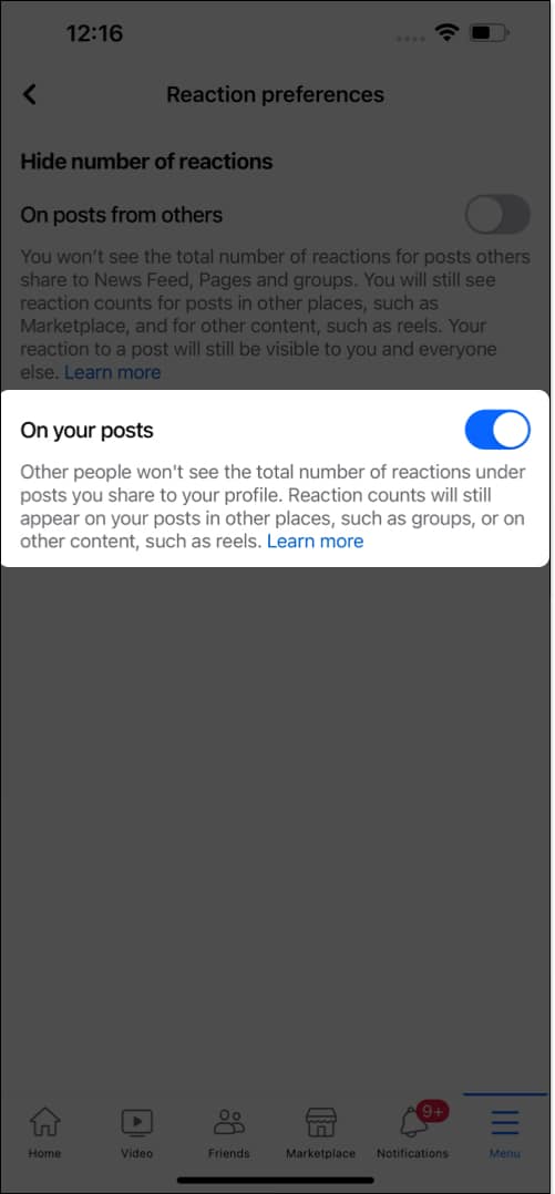 Toggle on on your posts to hide facebook likes