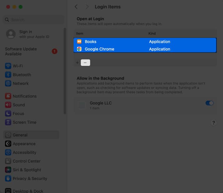 button to remove selected apps from login