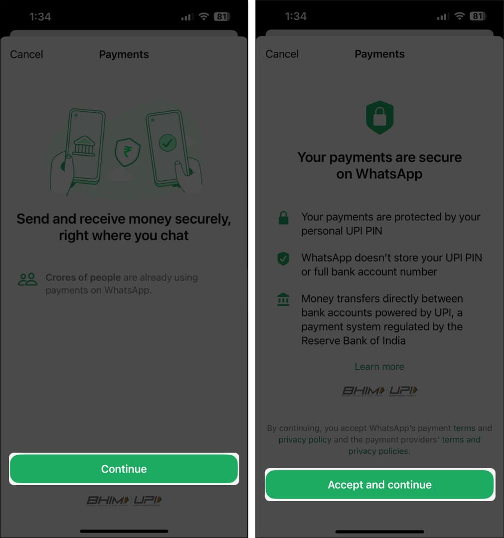 Accepting terms and condition to set up WhatsApp Payments