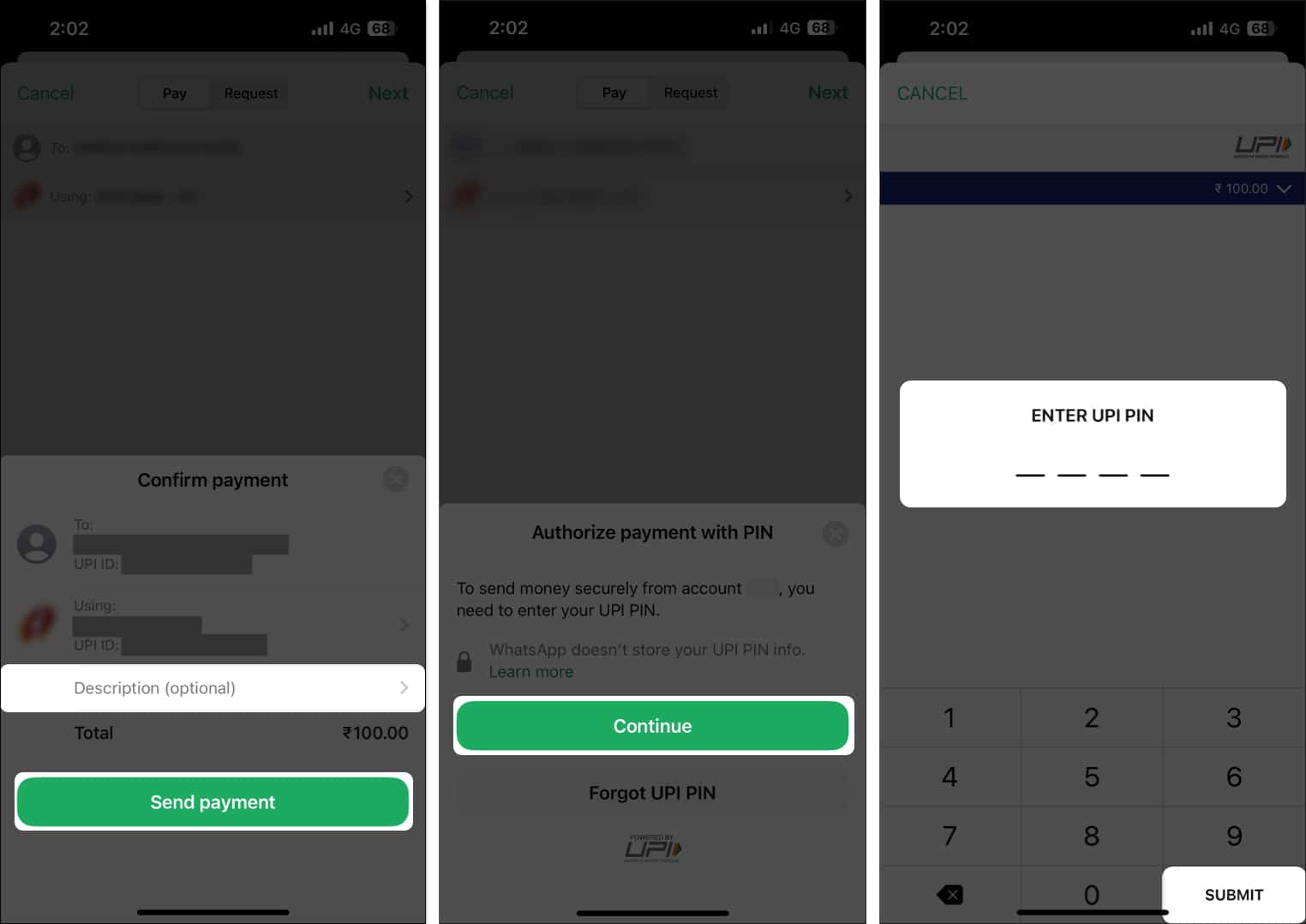 Entering UPI PIN to complete sending payment from WhatsApp on iPhone