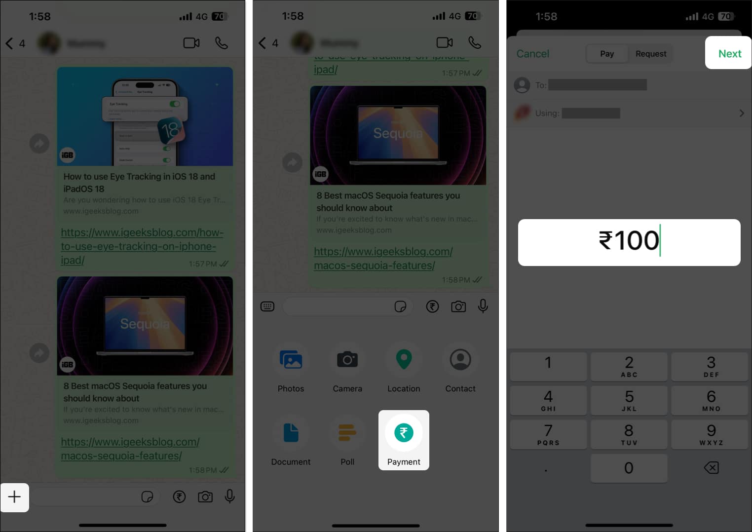 Adding an amount to send in WhatsApp Payments on iPhone