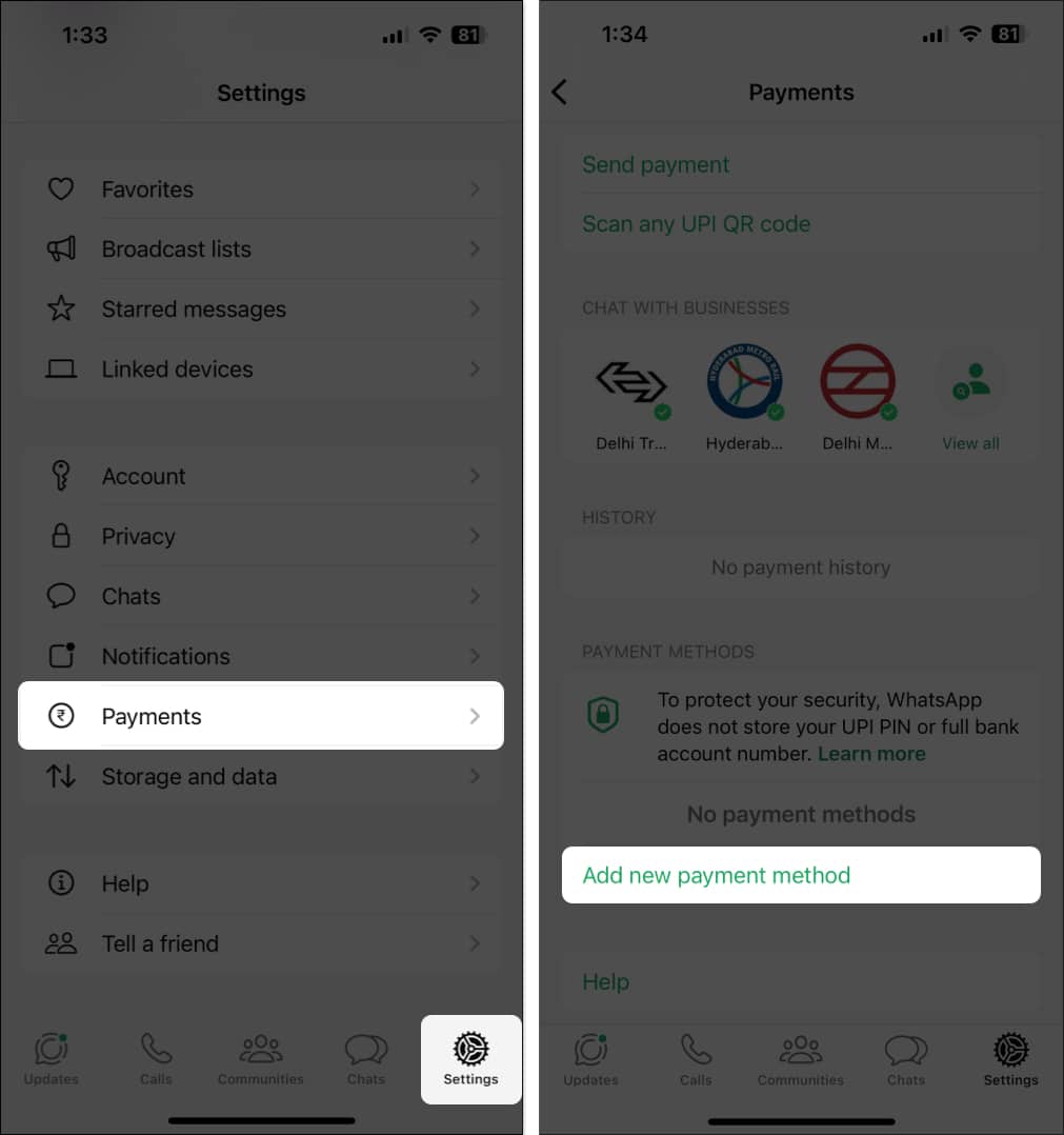 Adding a new payment method in WhatsApp Payments on an iPhone