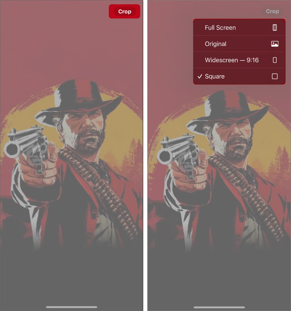 Long press crop icon select among four available aspect ratio options