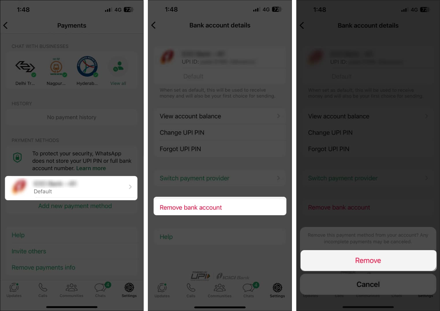 Removing a bank account from WhatsApp Payments on iPhone