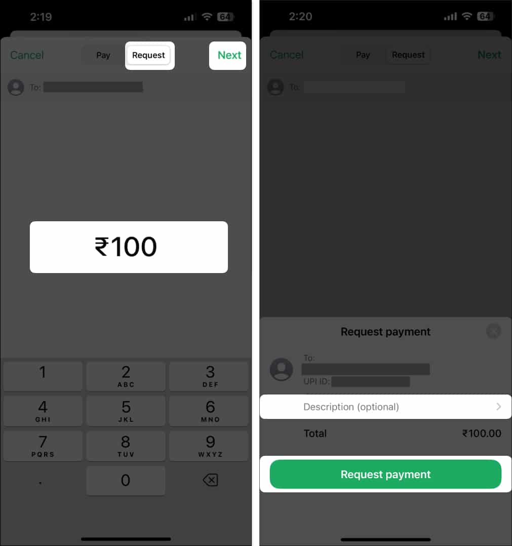 Requesting payment in WhatsApp Payments on iPhone