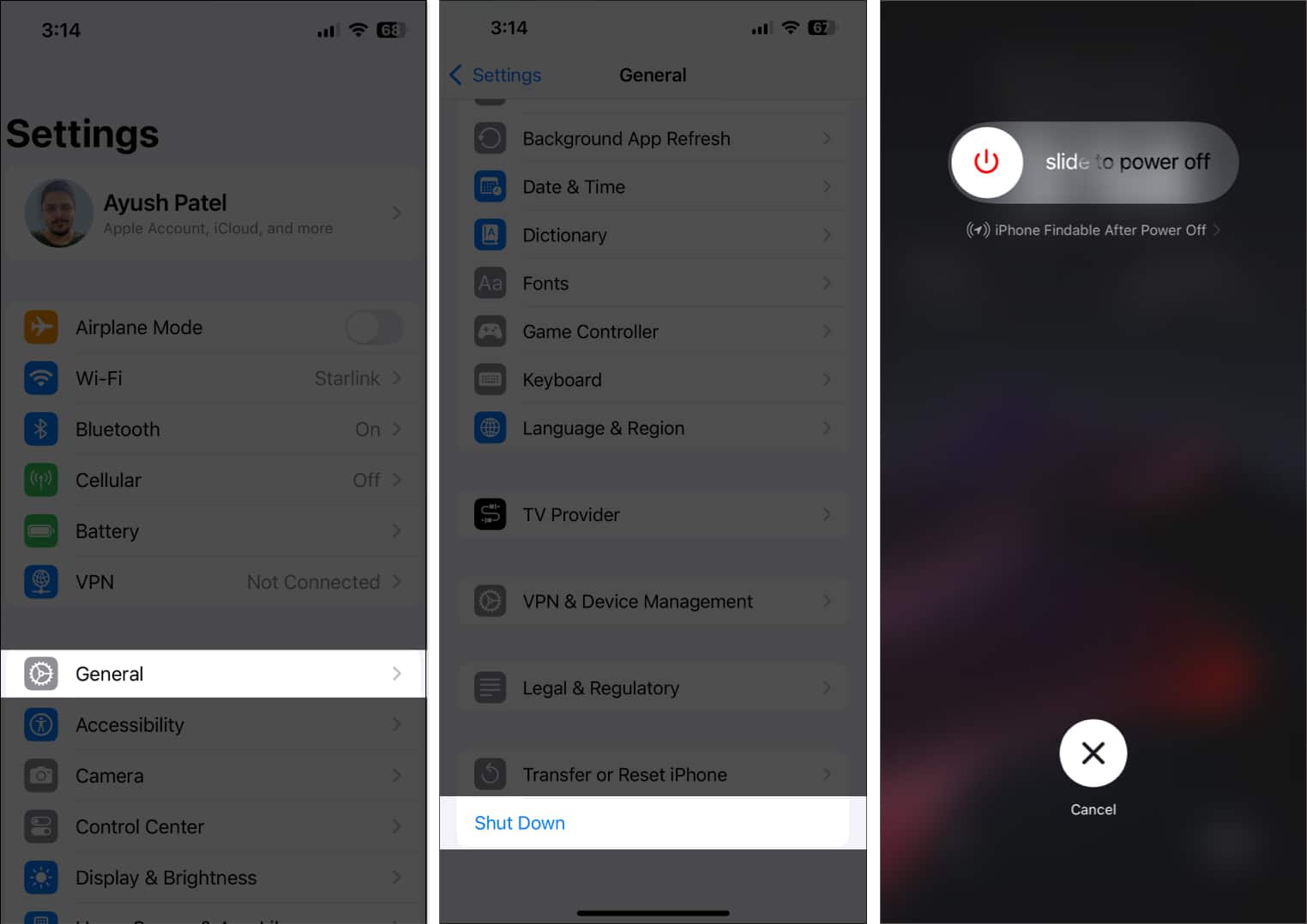 Power Off option in the iPhone Settings app