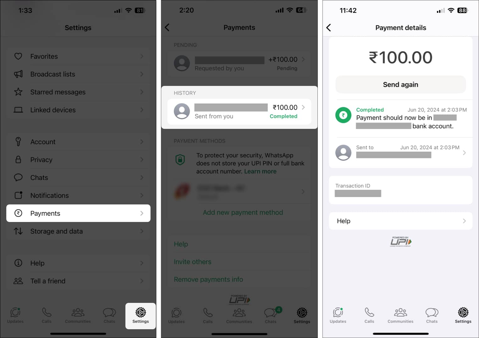 Checking WhatsApp payment history on iPhone