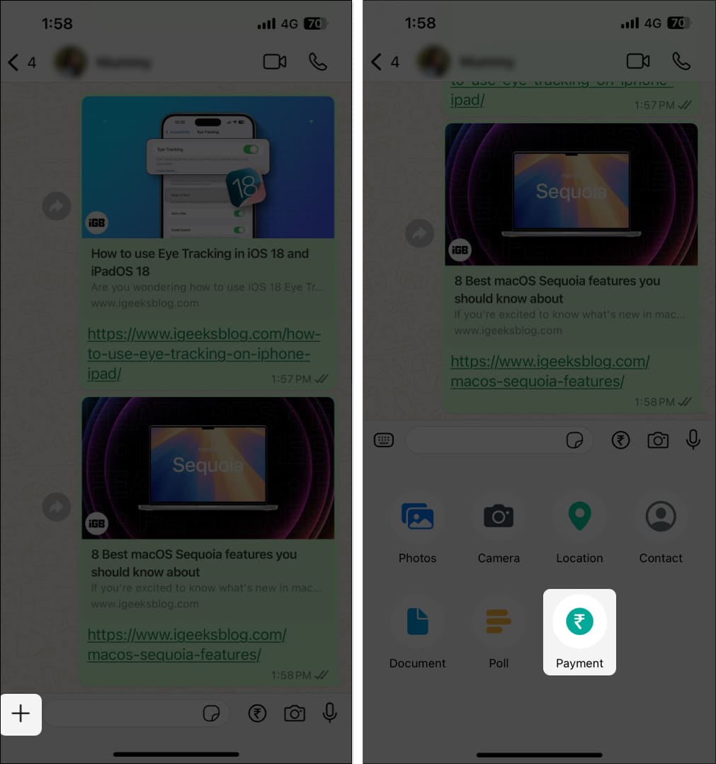 Selecting the Payment option in a WhatsApp chat on iPhone