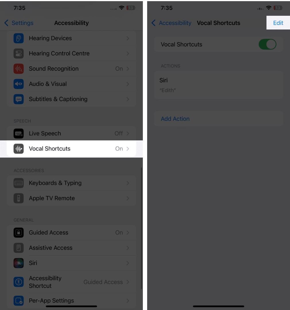 Select Vocal Shortcuts in setting and Edit
