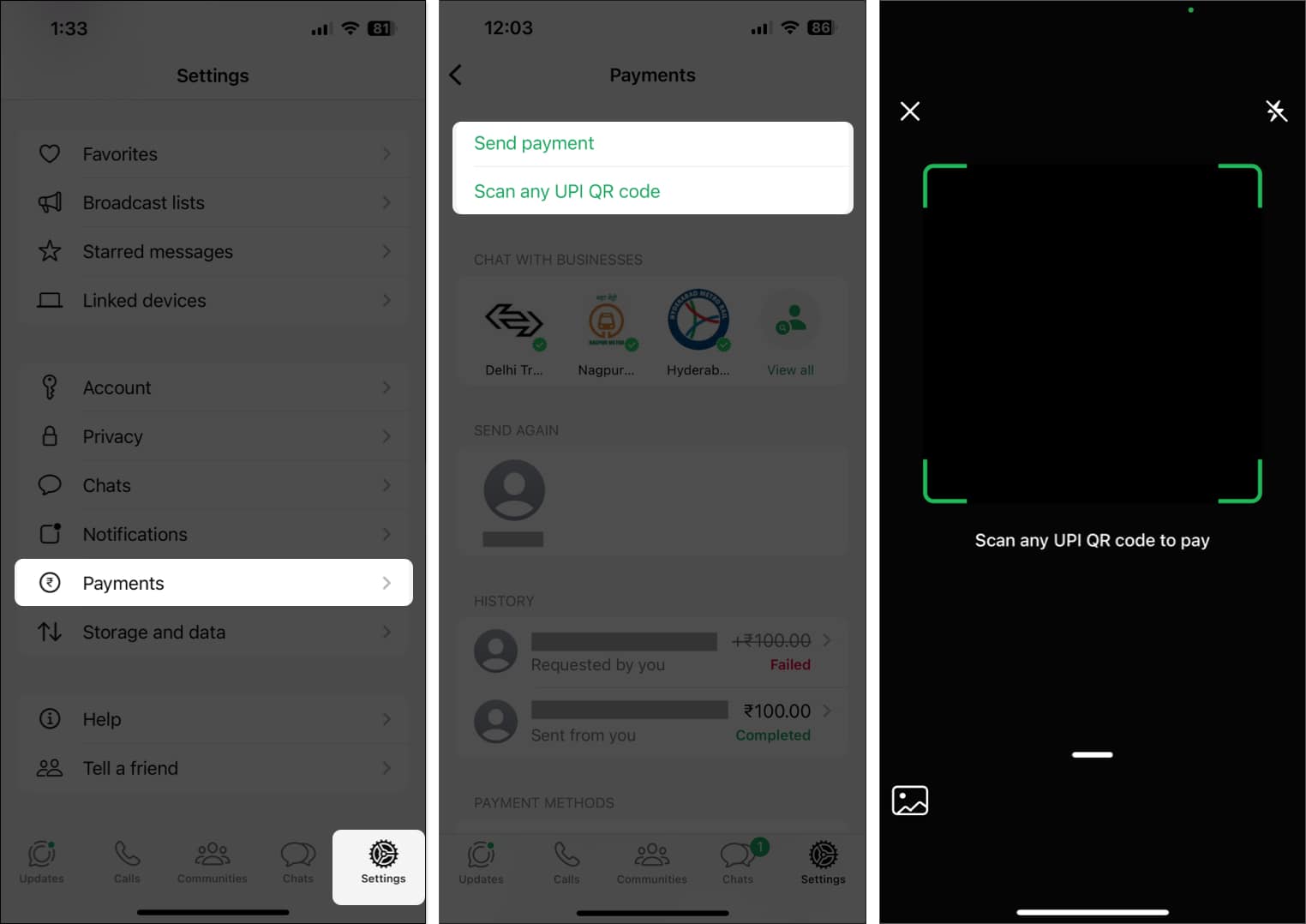 Sending money through WhatsApp Payments by scanning a QR code