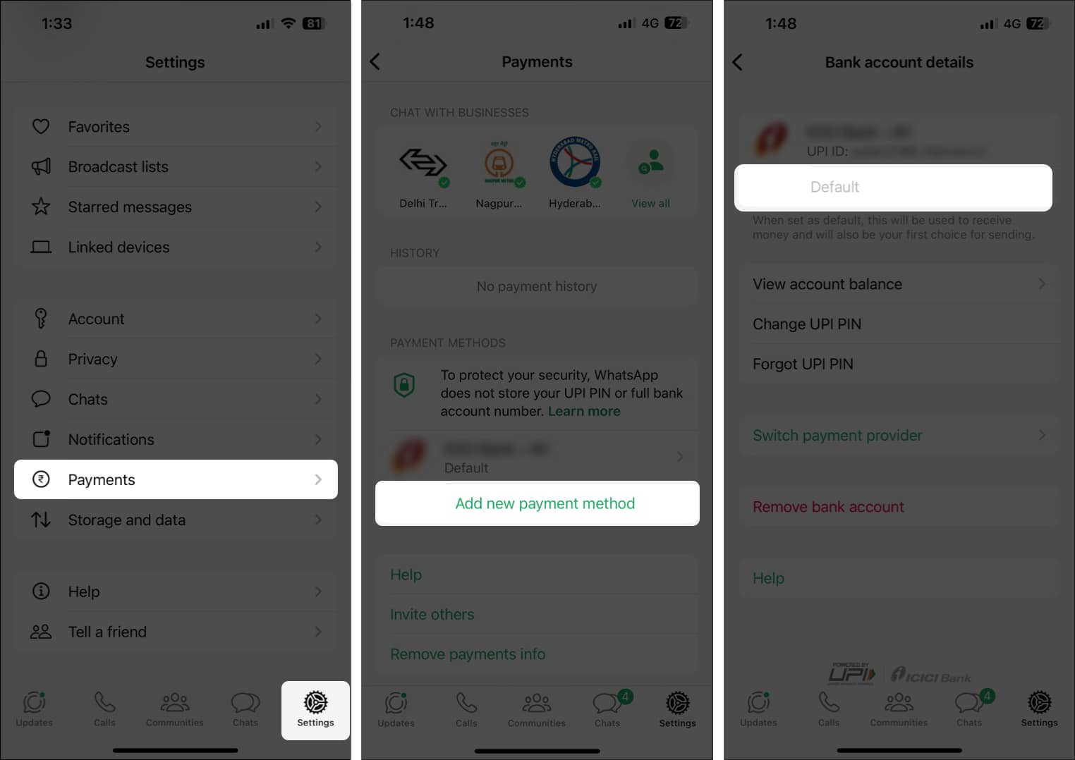 Setting a primary account in WhatsApp Payments on iPhone