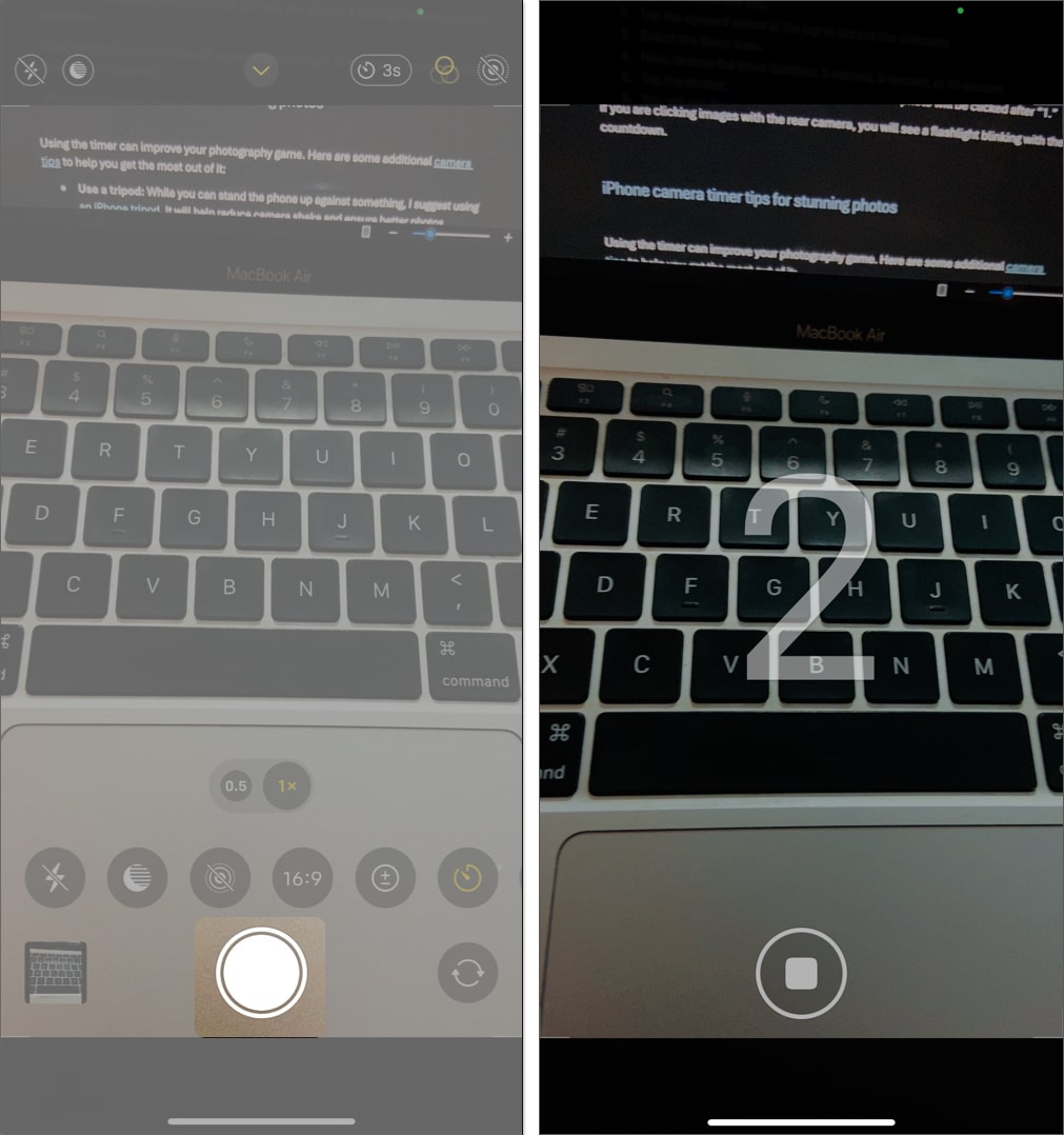Tap Shutter button to click picture using iPhone Camera timer