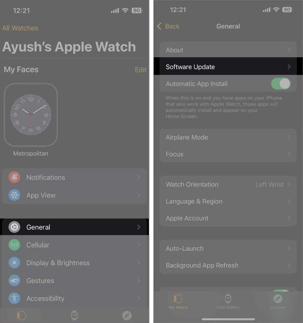 Software Update option in the Watch app on an iPhone