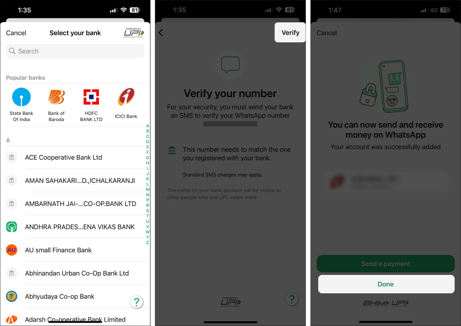 Verifying bank account to complete WhatsApp Payments set up process on iPhone