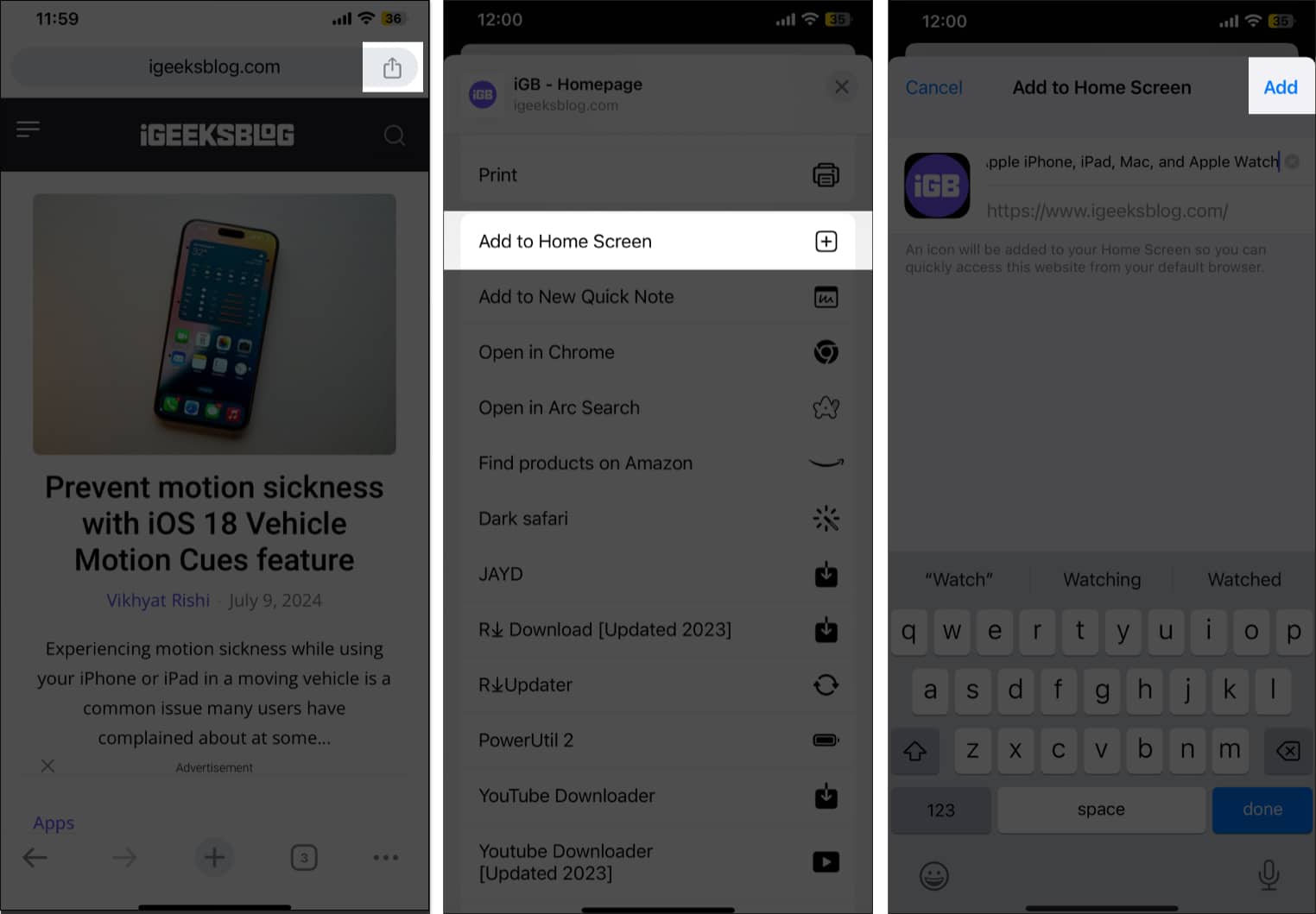 Add to Home Screen option in Chrome Share Sheet on an iPhone