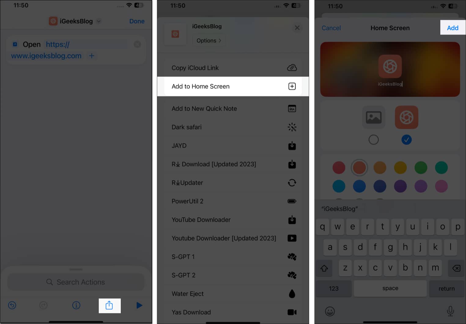 Add to Home Screen option for an iOS shortcut in the iPhone Shortcuts app