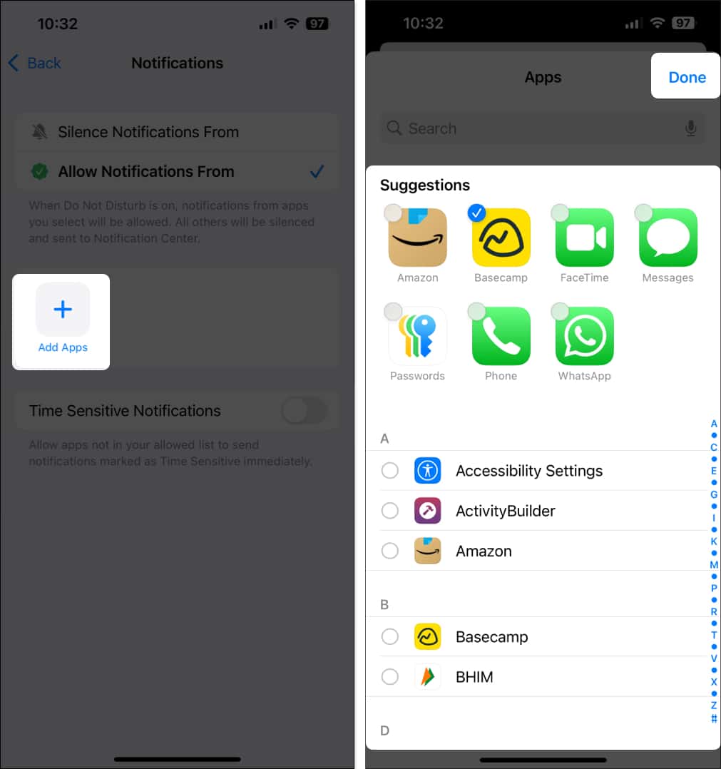 Add Apps option in Do Not Disturb Focus setting on iPhone to allow incoming notifications