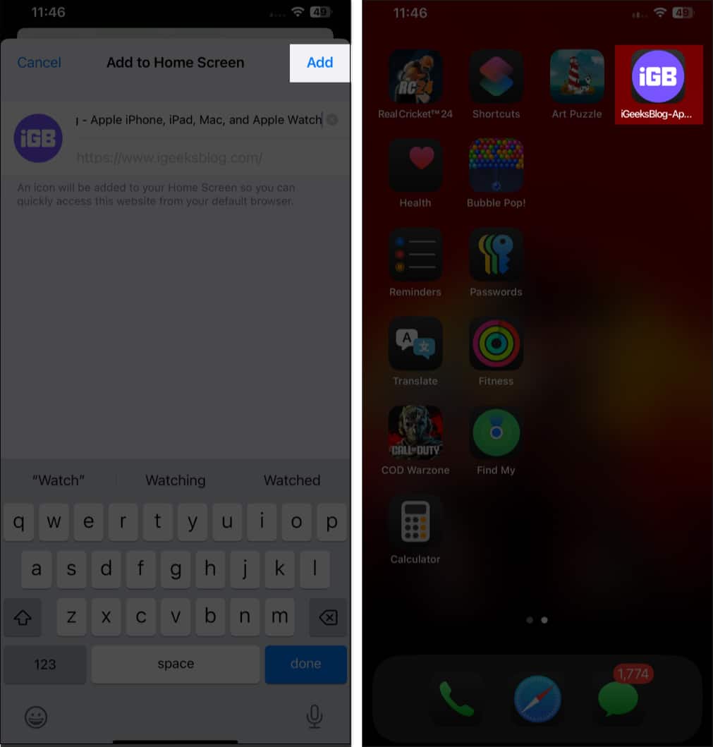 Add to iPhone Home Screen page in Safari on an iPhone