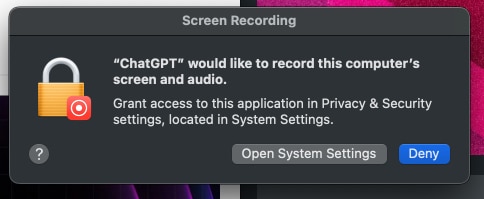 Allow necessary permission to take screenshot using ChatGPT on Mac