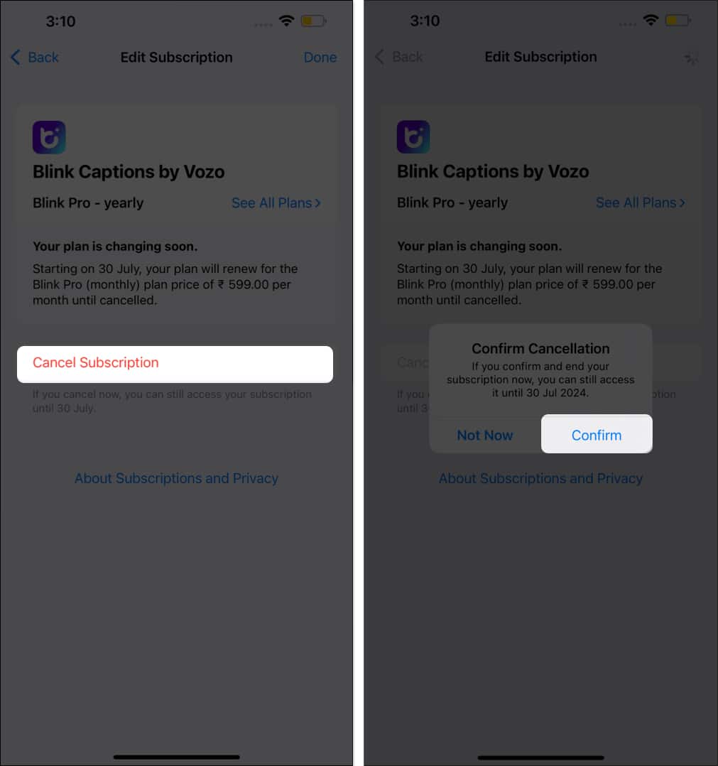Cancel Subscription option in iPhone Settings app