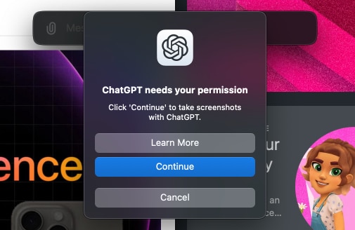 Click Continue to allow permission to take screenshot using ChatGPT