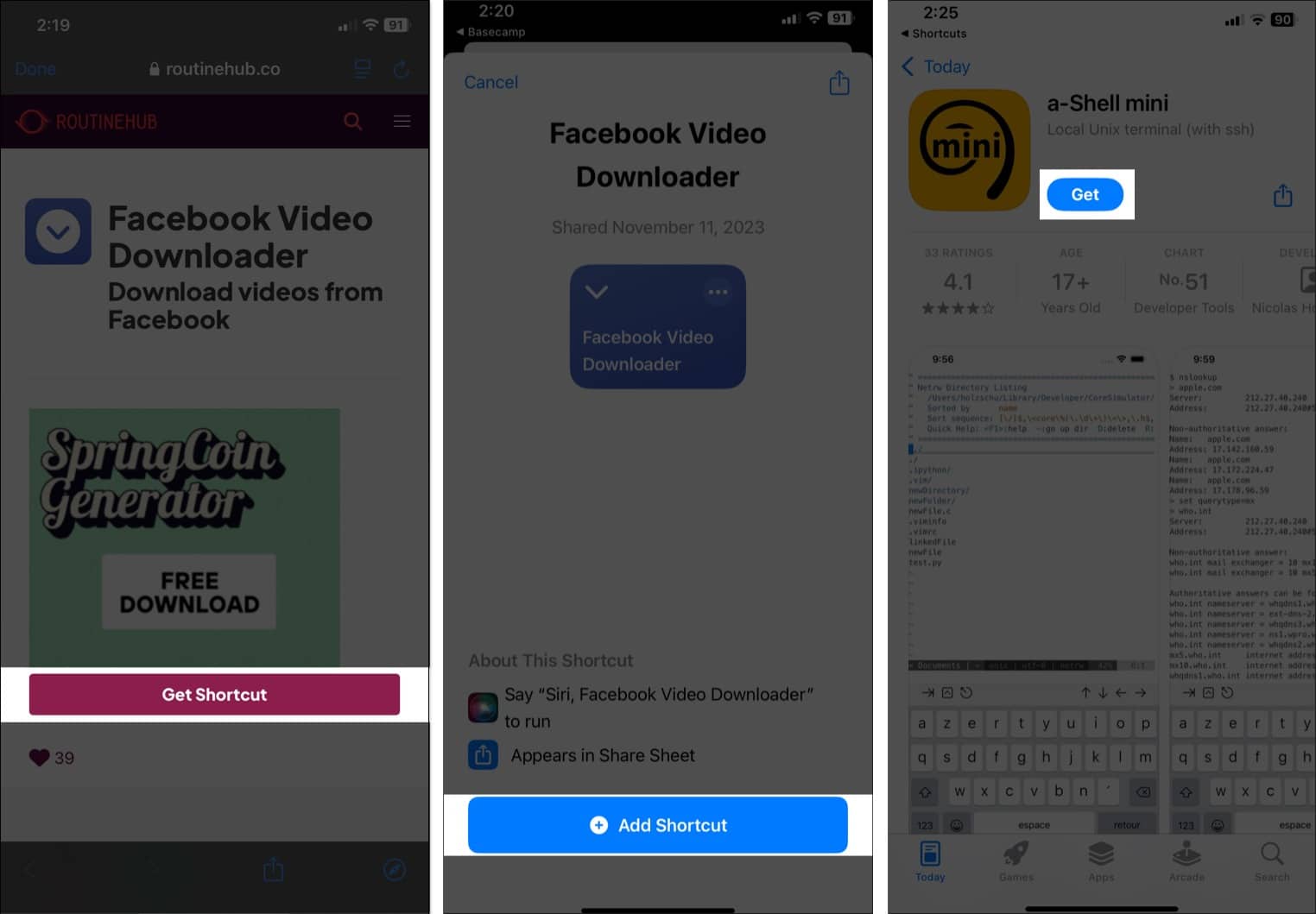 Adding the Facebook Video Downloader shortcut to the Shortcuts library and downloading the a Shell mini app on an iPhone