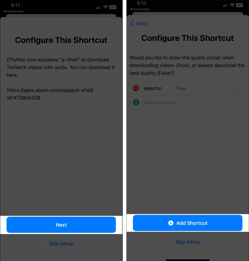 Configure This Shortcut screen for the DTwitter shortcut