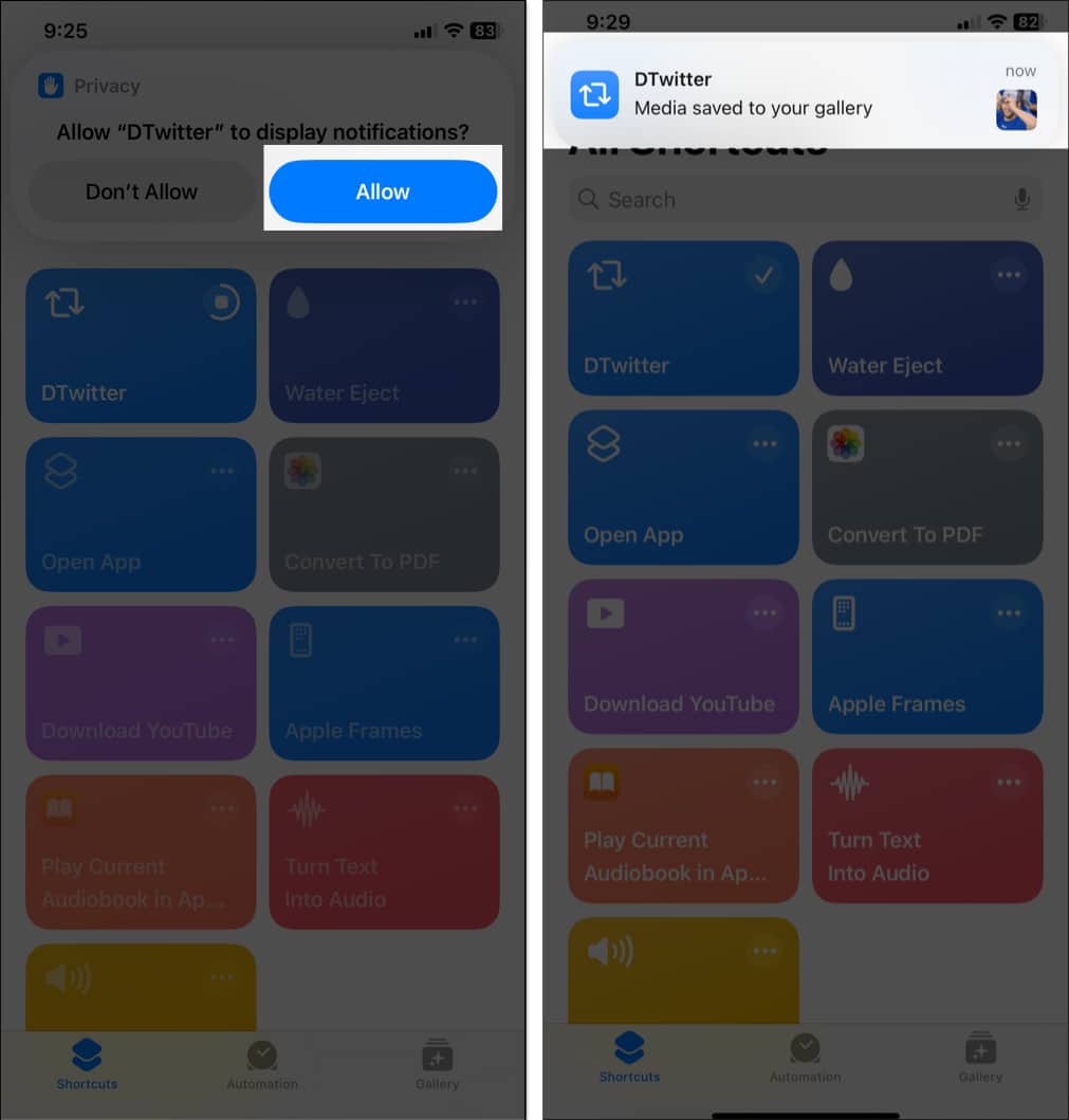 DTwitter permission prompt for gallery access in the Shortcuts app on an iPhone