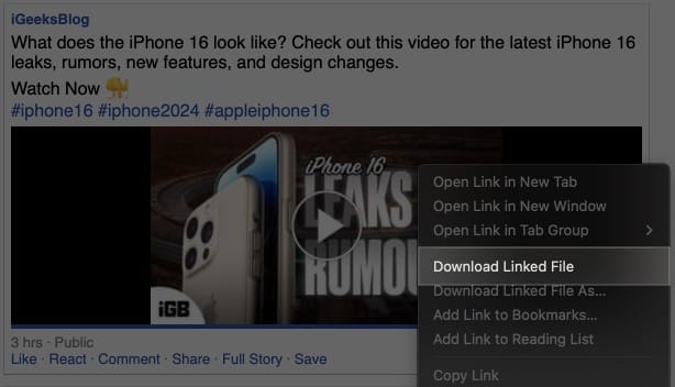 Download Linked File option on the video thumbnail on a desktop