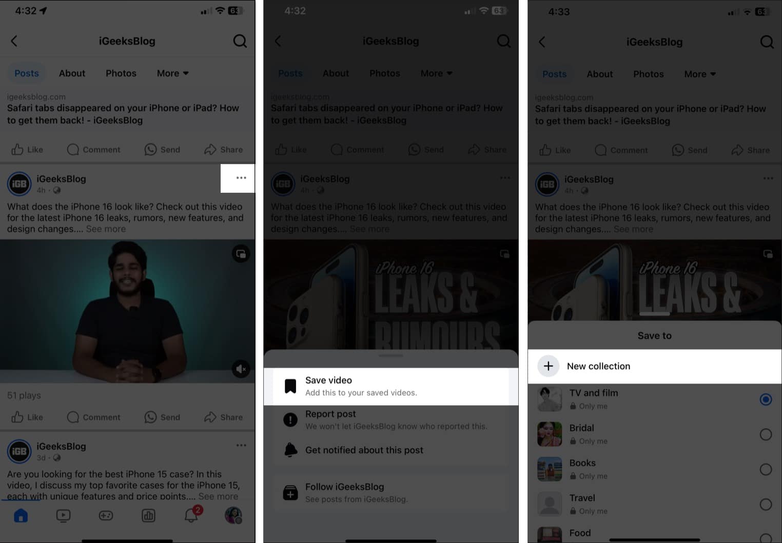 Save Video option to save a Facebook video to watch later on the iOS Facebook app