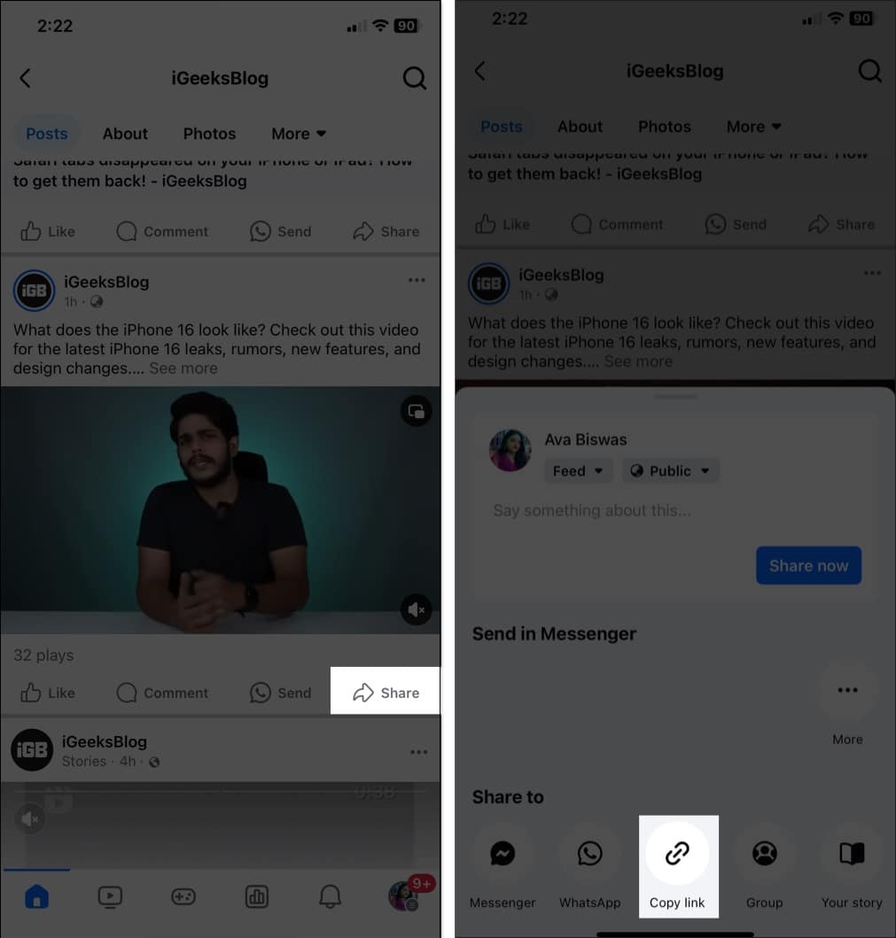 Copy Link option in the Share menu under a post on the Facebook iOS app