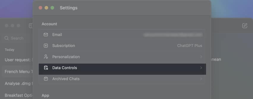 Delete Data Control to delete all chat history in ChatGPT app on Mac