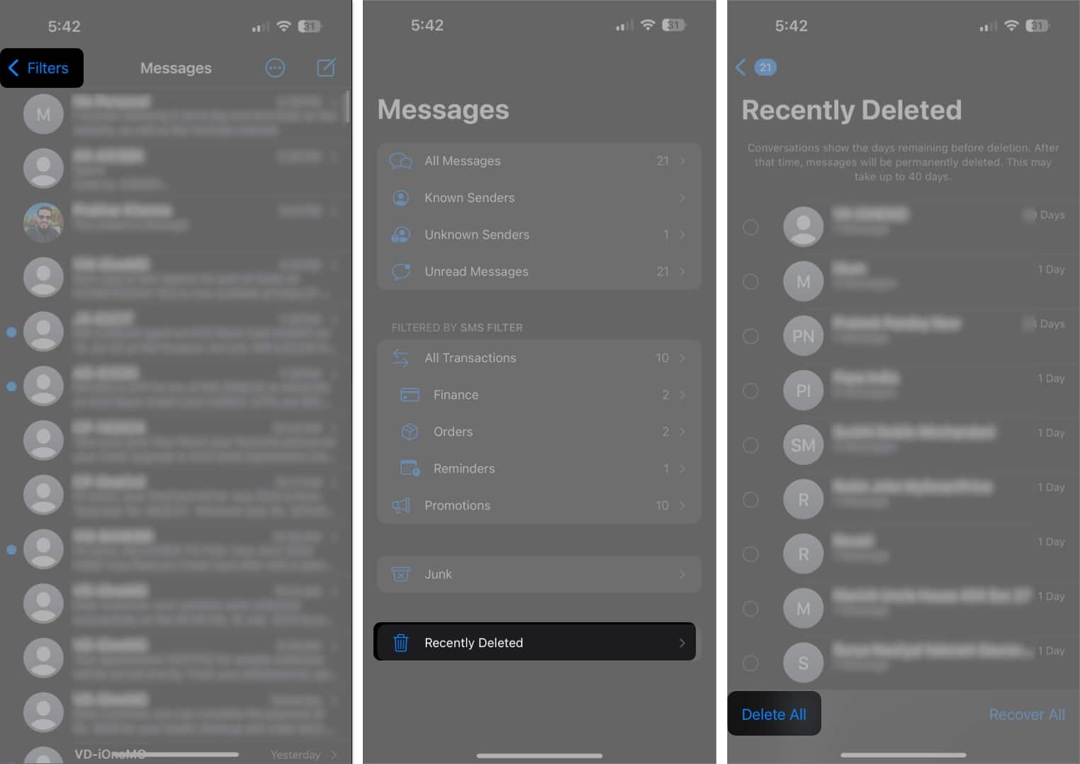 Messages under the Recently Deleted filter in iPhone Messages app