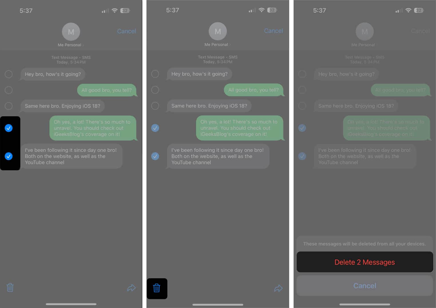 Delete Messages option in Messages app to confirm message deletion