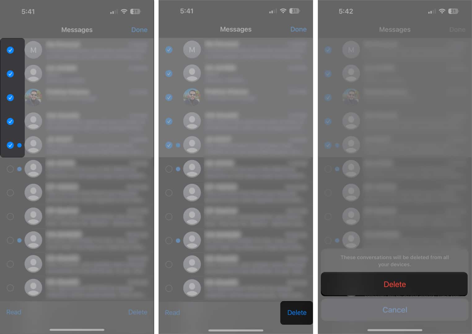 Delete options in the Messages app to delete multiple conversations on an iPhone