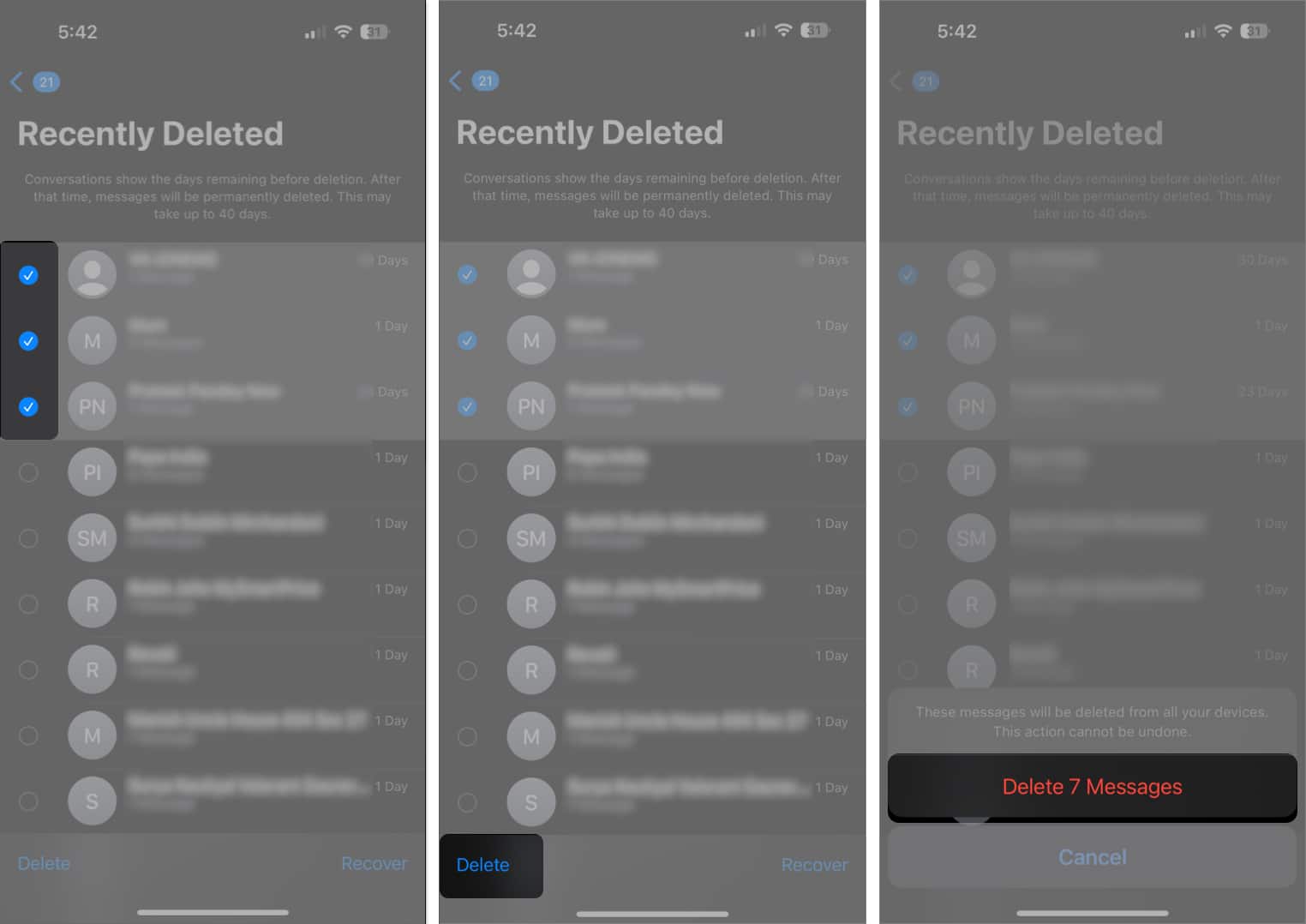 Delete Messages button to delete recently deleted messages on an iPhone