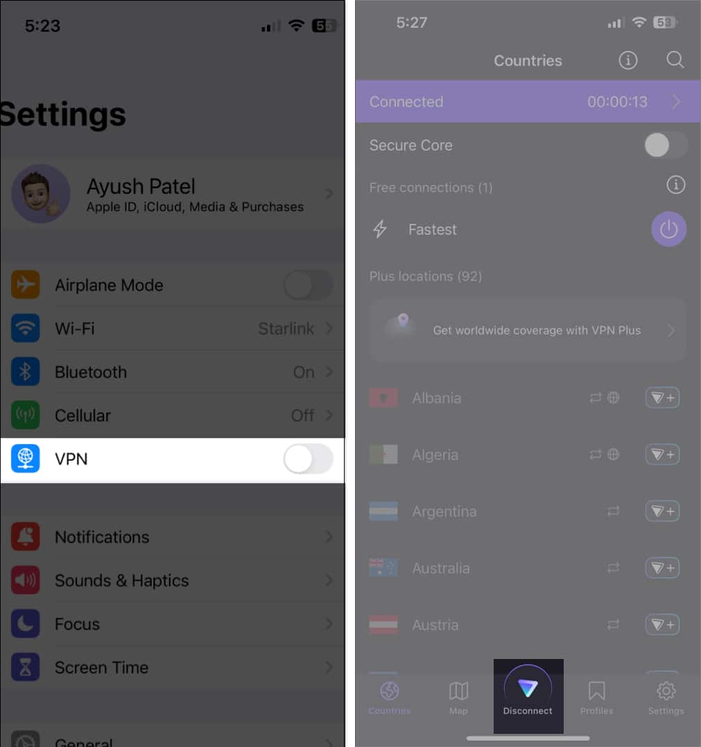 Options to disable VPN in iPhone Settings and a VPN app