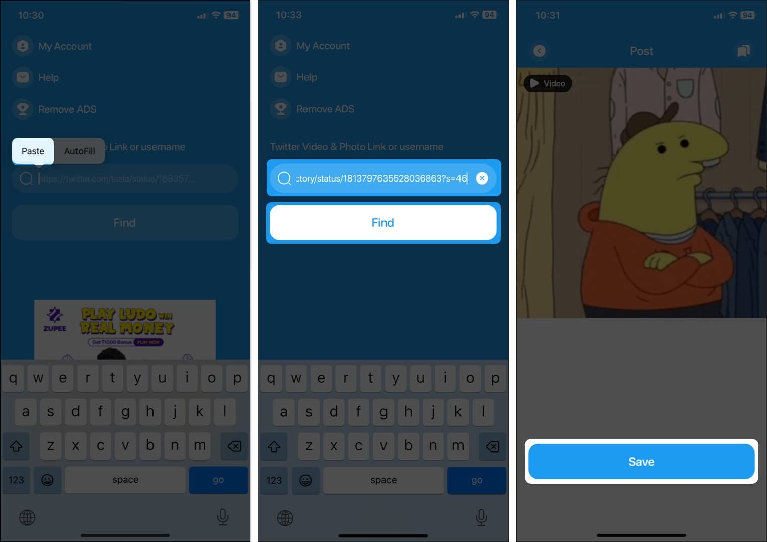 Using the TweetSave app on an iPhone to download Twitter videos