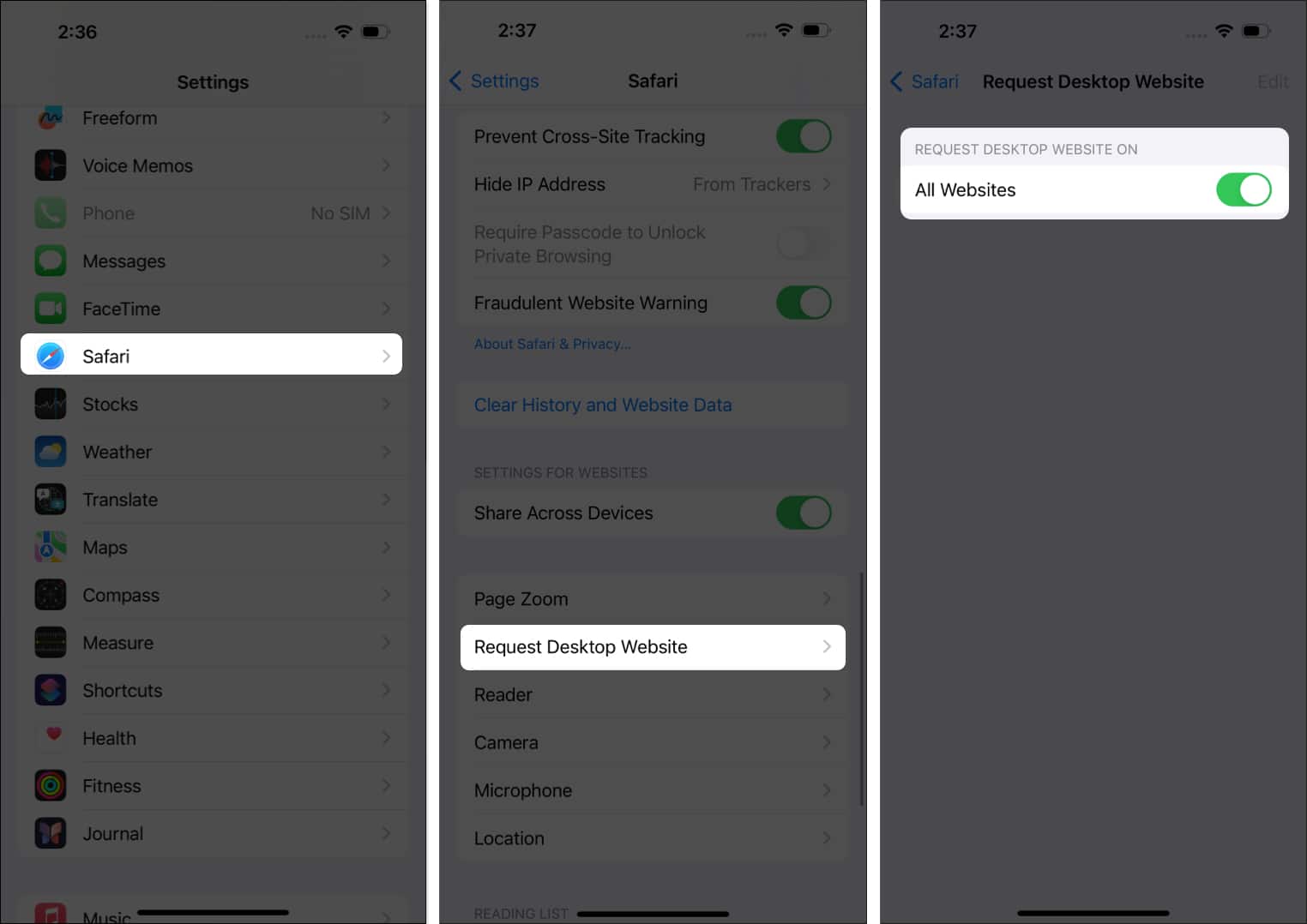 Request Desktop Website option in iOS 17 Settings app